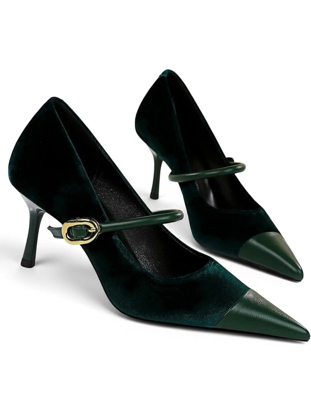 Women's Green Pointed Toe Comfort Single-Strap Pumps Slip On Stiletto Heels - Picture 4 of 5